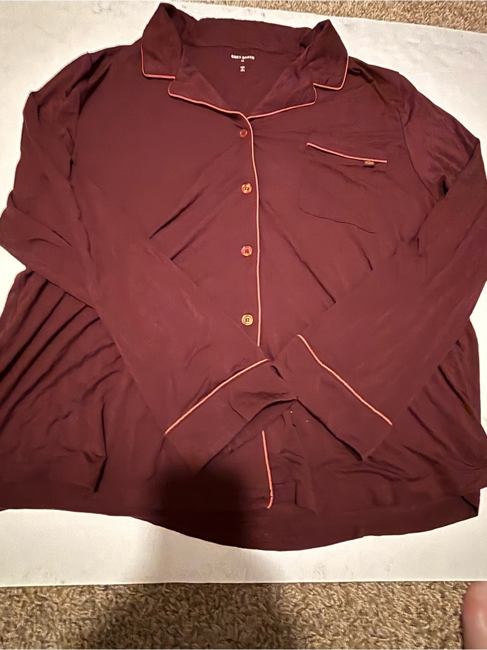Cozy Earth maroon Button-Up Pajama Top with Contrast Piping